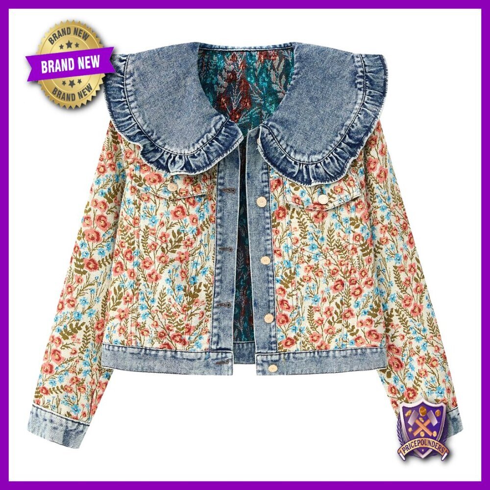 Cropped Denim Jacket Floral Embroidery Peter Pan Collar Jacquard Casual Chic - Picture 1 of 7